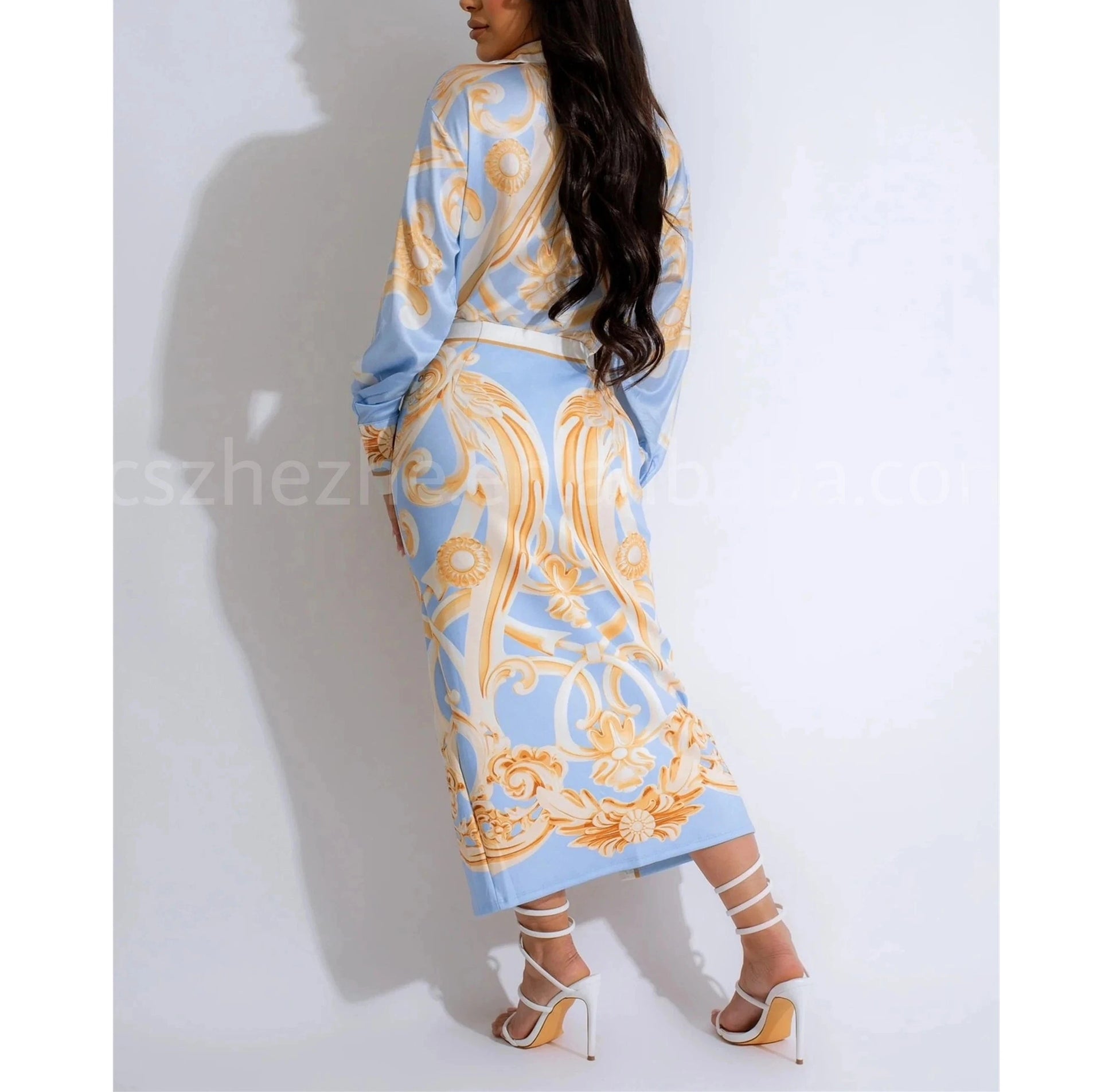 Latest New Chic 2024 Long Sleeve Collar Blouse And Long Skirt Positioning Printed Fashion Street Two Piece Dress Set