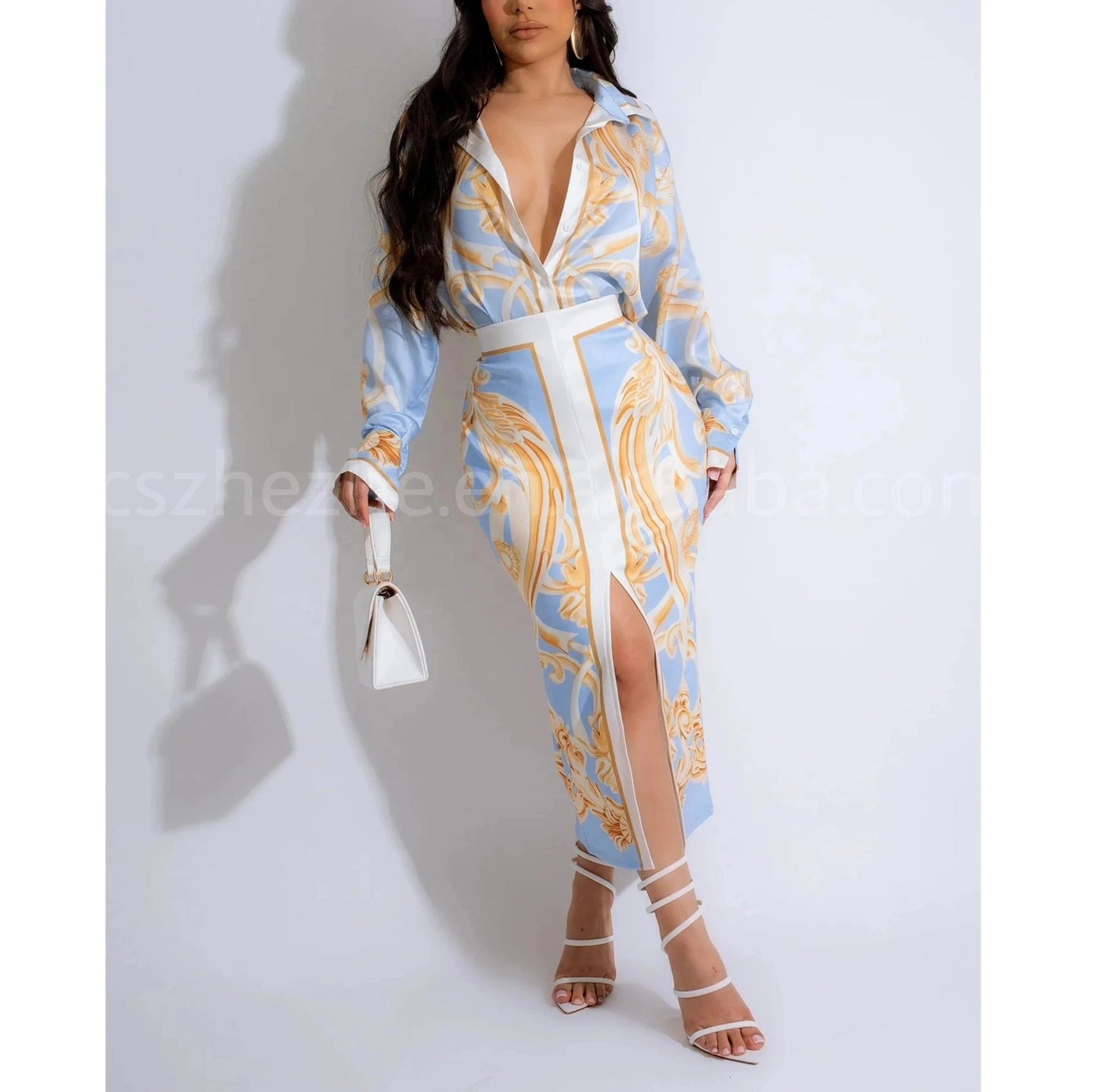 Latest New Chic 2024 Long Sleeve Collar Blouse And Long Skirt Positioning Printed Fashion Street Two Piece Dress Set