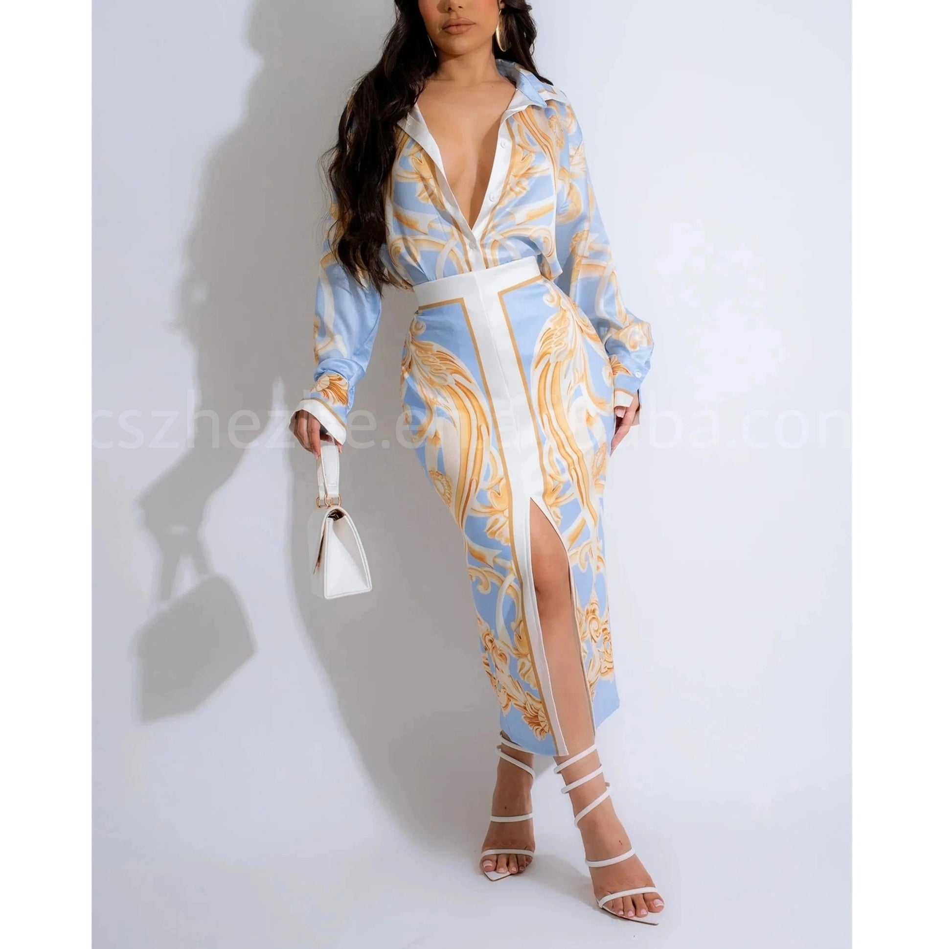 Latest New Chic 2024 Long Sleeve Collar Blouse And Long Skirt Positioning Printed Fashion Street Two Piece Dress Set