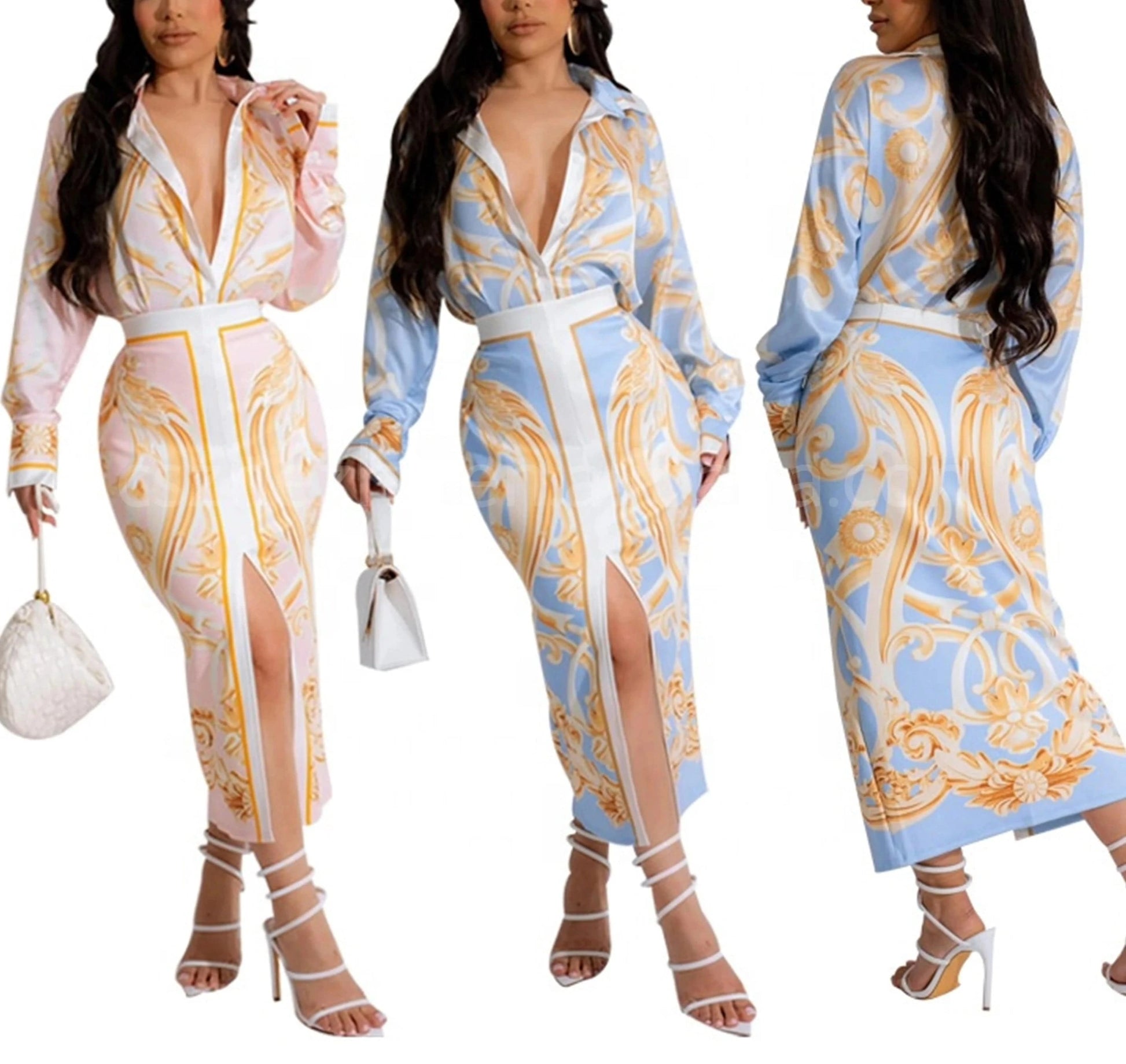 Latest New Chic 2024 Long Sleeve Collar Blouse And Long Skirt Positioning Printed Fashion Street Two Piece Dress Set