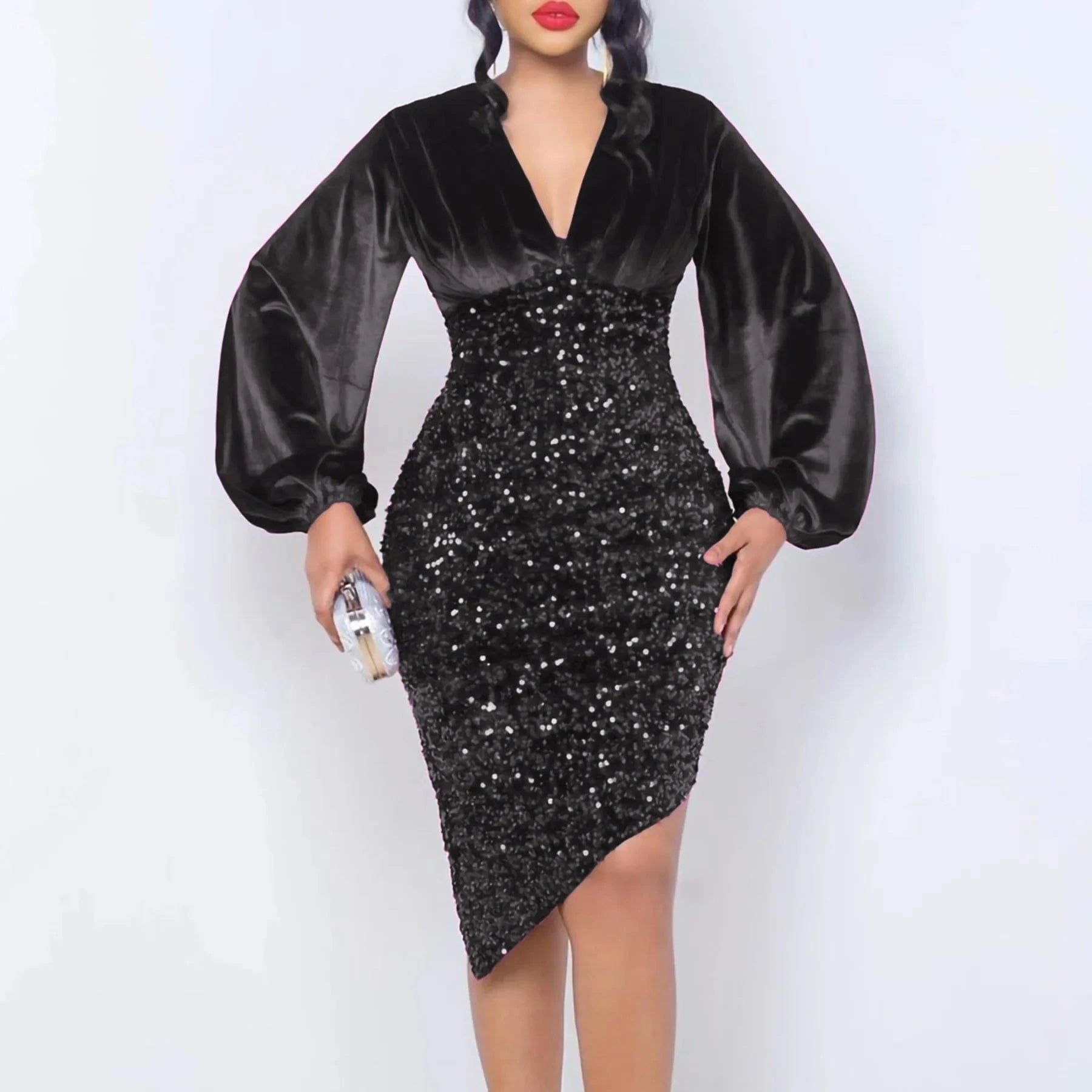 latest New Design stylish V Neck puff Long Sleeve Shiny chic elegant Women Party Sequin High Waist Mid Length Evening Dresses