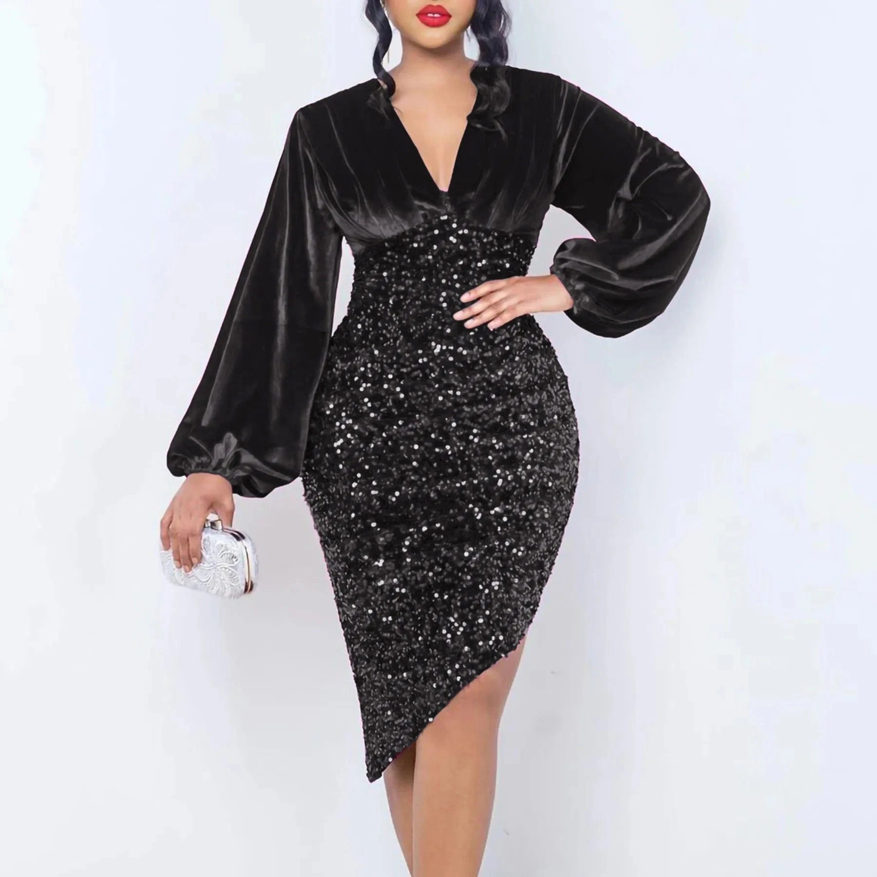 latest New Design stylish V Neck puff Long Sleeve Shiny chic elegant Women Party Sequin High Waist Mid Length Evening Dresses
