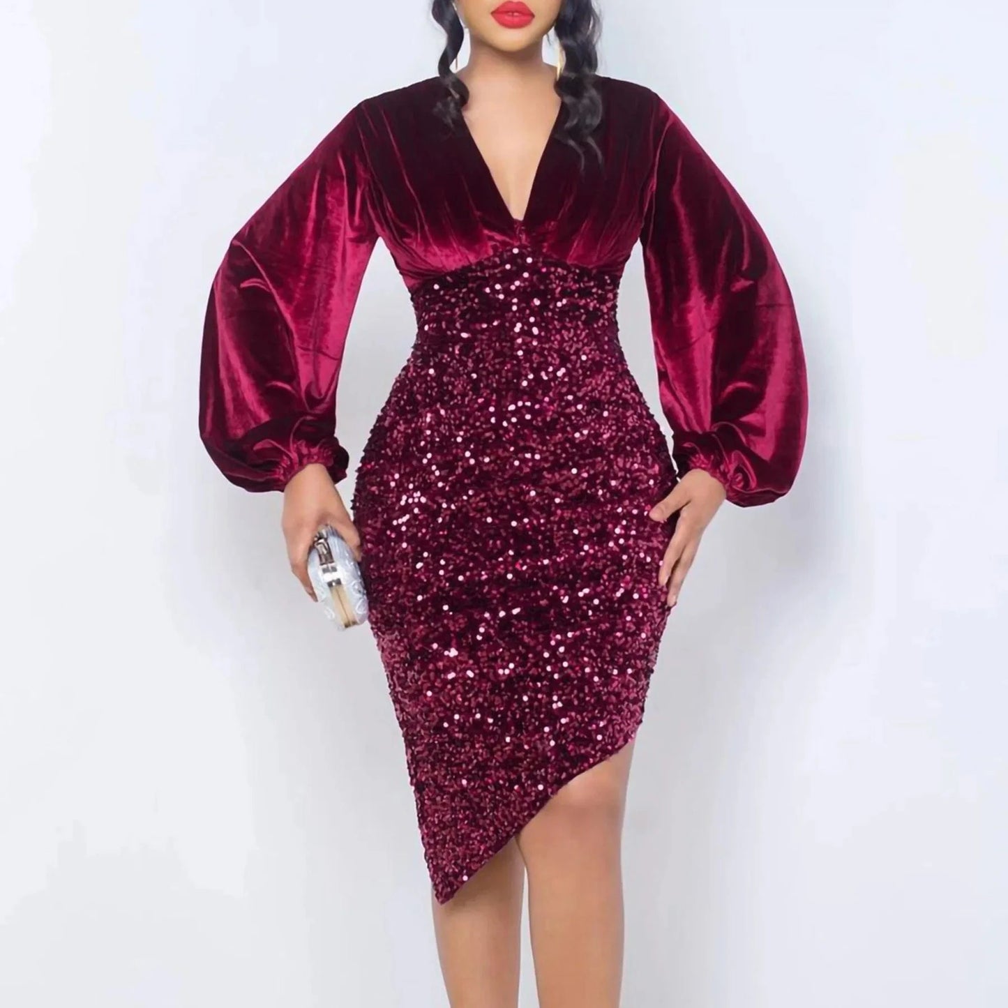 latest New Design stylish V Neck puff Long Sleeve Shiny chic elegant Women Party Sequin High Waist Mid Length Evening Dresses