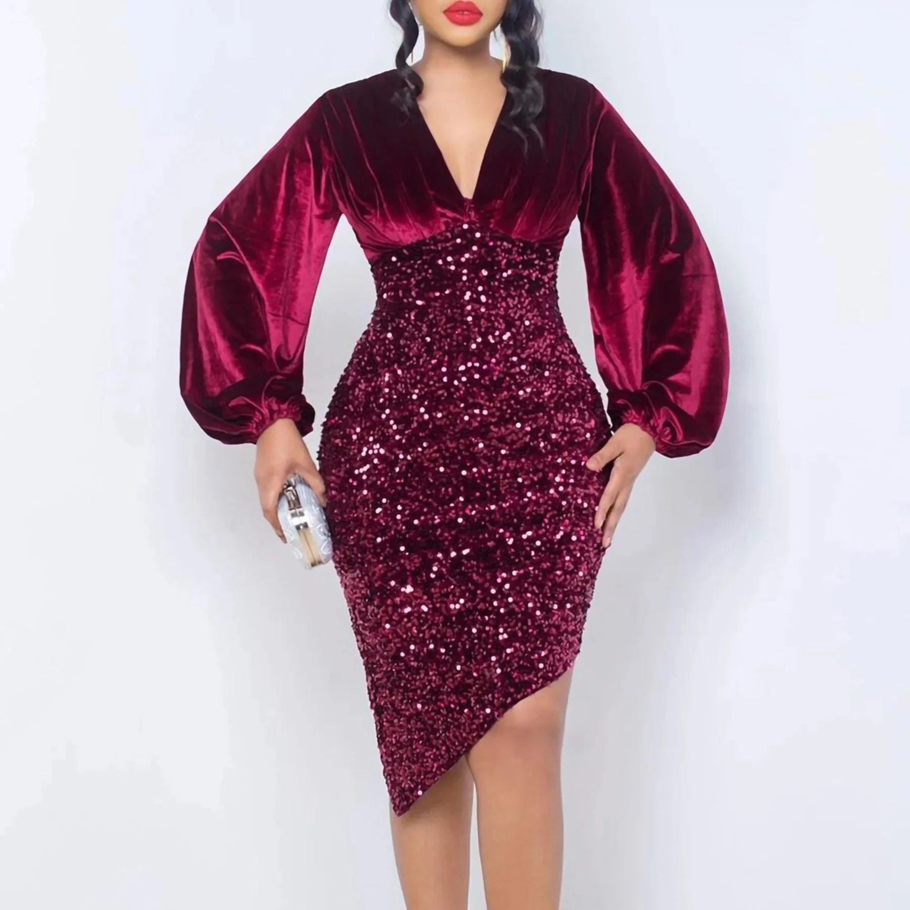 latest New Design stylish V Neck puff Long Sleeve Shiny chic elegant Women Party Sequin High Waist Mid Length Evening Dresses