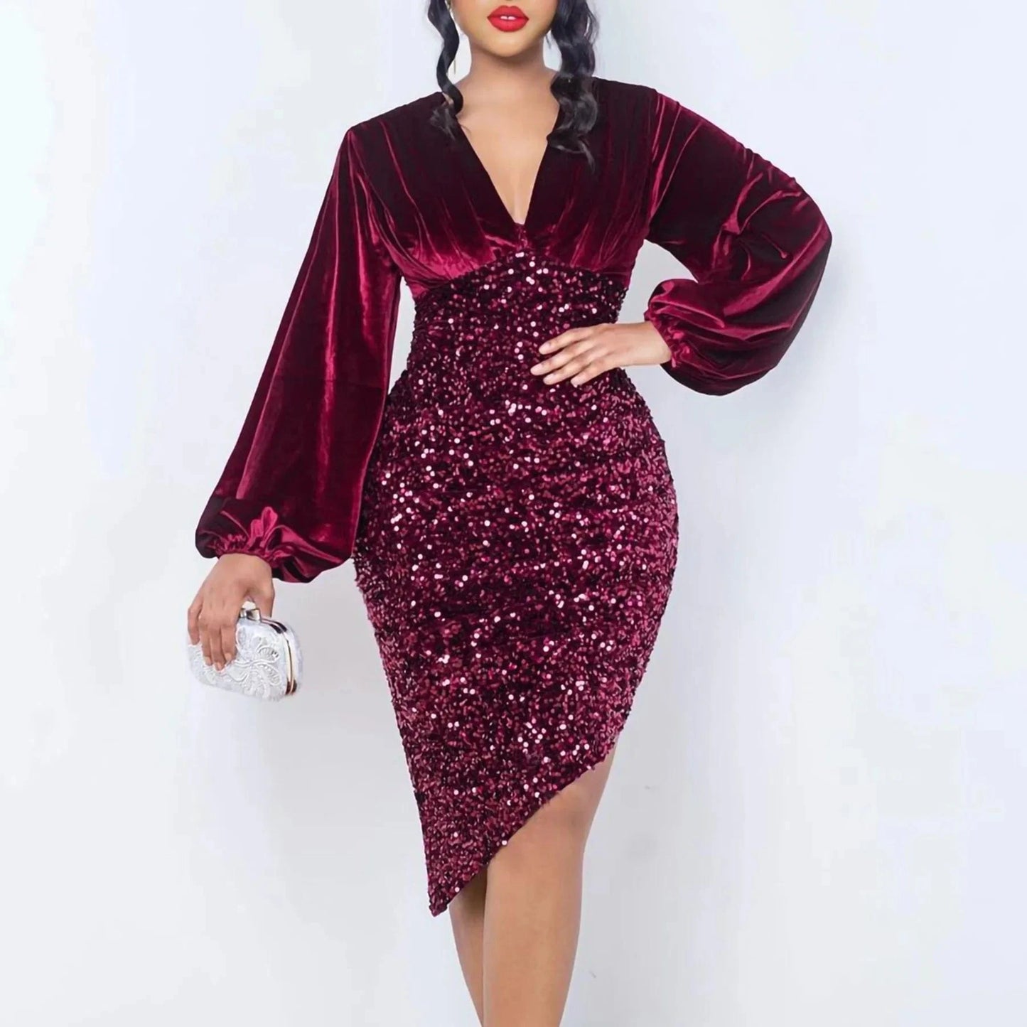 latest New Design stylish V Neck puff Long Sleeve Shiny chic elegant Women Party Sequin High Waist Mid Length Evening Dresses