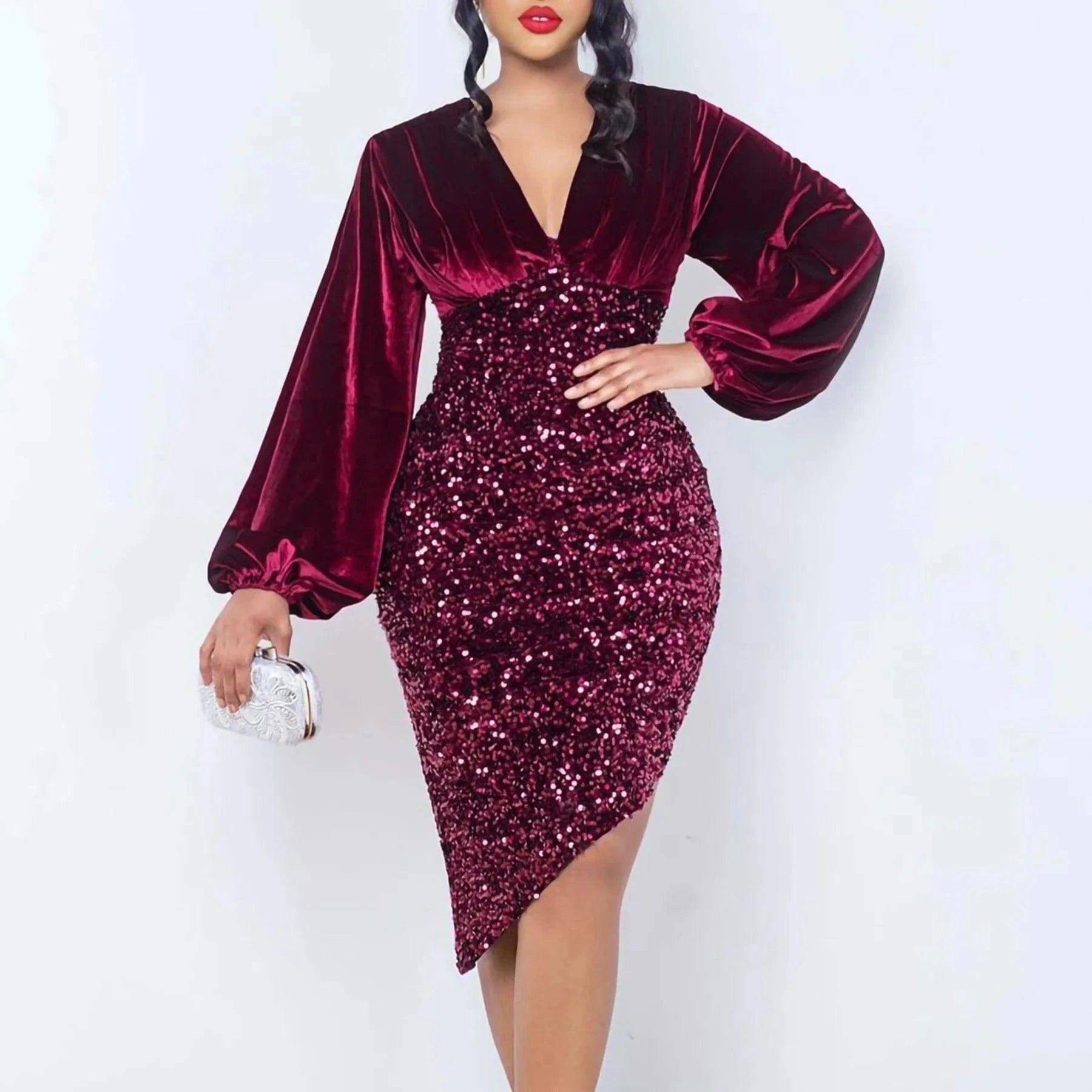 latest New Design stylish V Neck puff Long Sleeve Shiny chic elegant Women Party Sequin High Waist Mid Length Evening Dresses