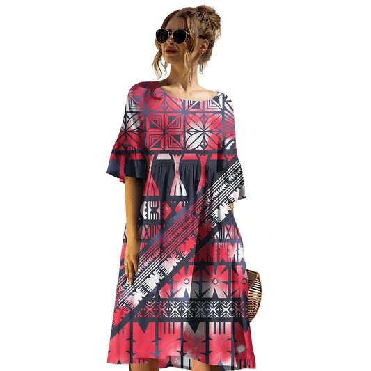 Latest Trendy Plus Size Prom Dress Casual Tribal Design Samoan Tapa Printed Short Sleeve Mid-length Dress Puletasi