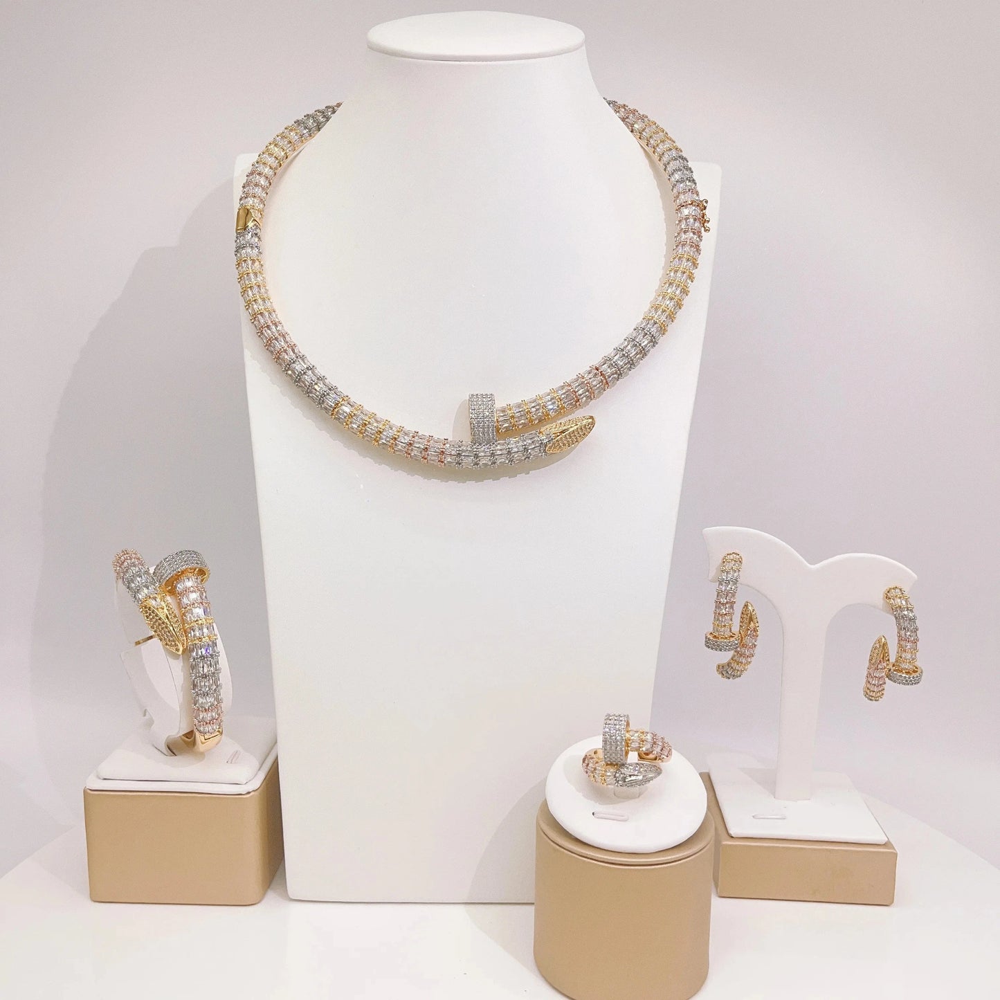 Latest Wedding Gold Plated Jewelry Set / 10 / HZ23103 Latest Fashion Diamond Zircon Gold Plated Copper Wedding Jewelry Set Bridal Birthday Party Gift Wholesale Factory Jewels