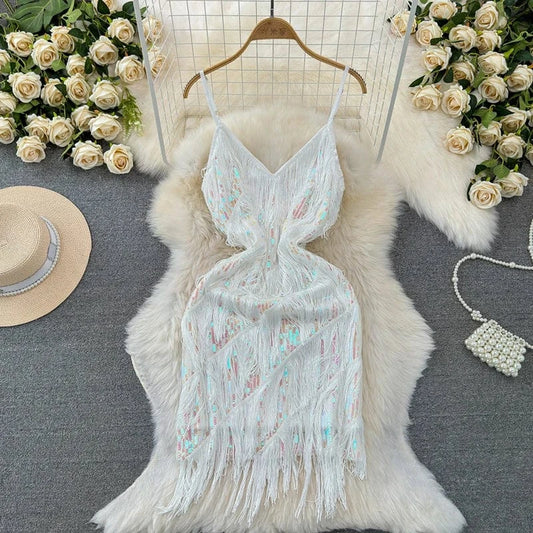 Latin Dance Dress Women Sequined Tassel V-neck Bodycon Mini Party Dresses Solid Color Luxury French Clubwear Straps Dress