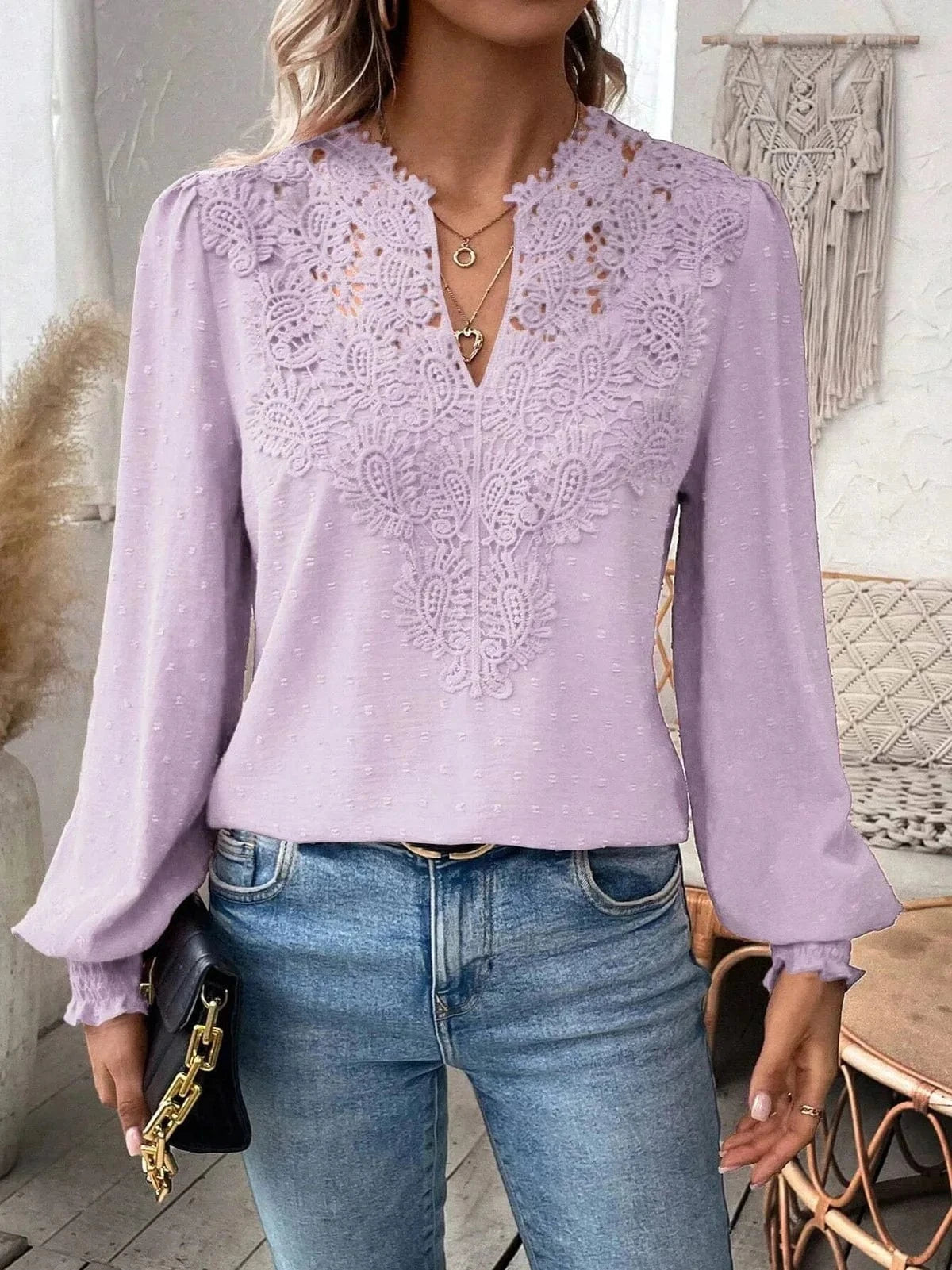 Lavender / XXL Womens Long Sleeve Sweaters Fall 2024 Trendy Sexy Lace V Neck Puff Sleeve Pullover Sweater Cute Tops