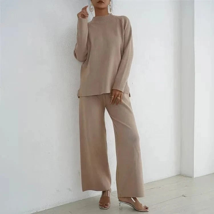 Lazy Style Pullover With Split Long Sleeves Knitted Autumn and Winter Sweater Two-piece Set High Waisted Casual Wide Leg Pants