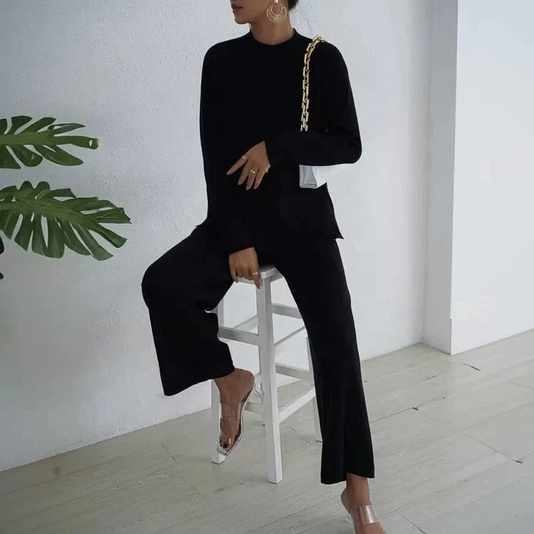 Lazy Style Pullover With Split Long Sleeves Knitted Autumn and Winter Sweater Two-piece Set High Waisted Casual Wide Leg Pants