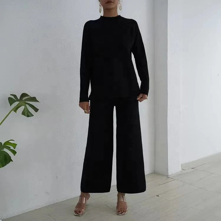 Lazy Style Pullover With Split Long Sleeves Knitted Autumn and Winter Sweater Two-piece Set High Waisted Casual Wide Leg Pants