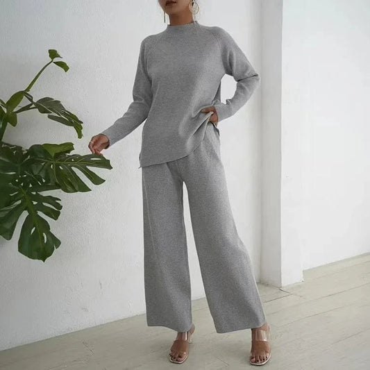 Lazy Style Pullover With Split Long Sleeves Knitted Autumn and Winter Sweater Two-piece Set High Waisted Casual Wide Leg Pants