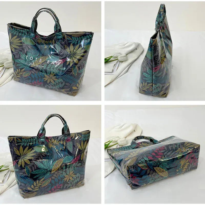 Leaf Print Handbag Pvc Fashion Transparent Waterproof Fashion High - end Shoulder Bag Large Capacity Commuter Tote Bag Shop Bag - SN Wigs & More