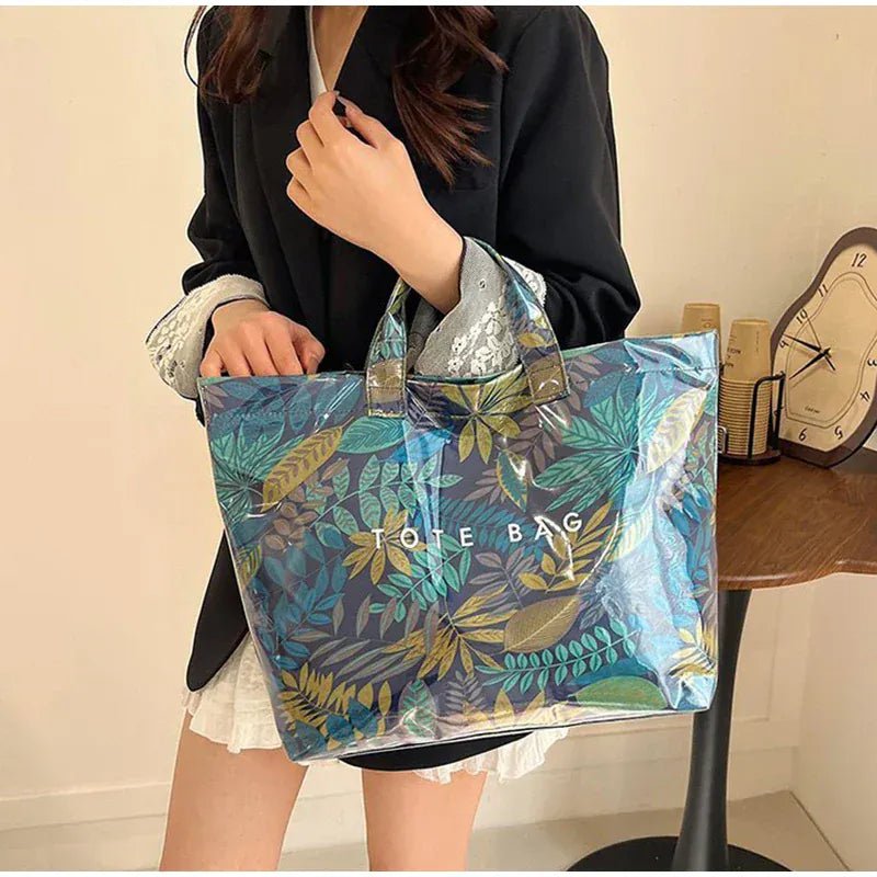 Leaf Print Handbag Pvc Fashion Transparent Waterproof Fashion High - end Shoulder Bag Large Capacity Commuter Tote Bag Shop Bag - SN Wigs & More