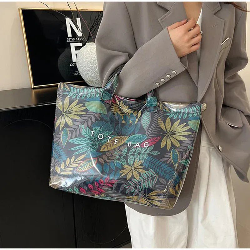 Leaf Print Handbag Pvc Fashion Transparent Waterproof Fashion High - end Shoulder Bag Large Capacity Commuter Tote Bag Shop Bag - SN Wigs & More