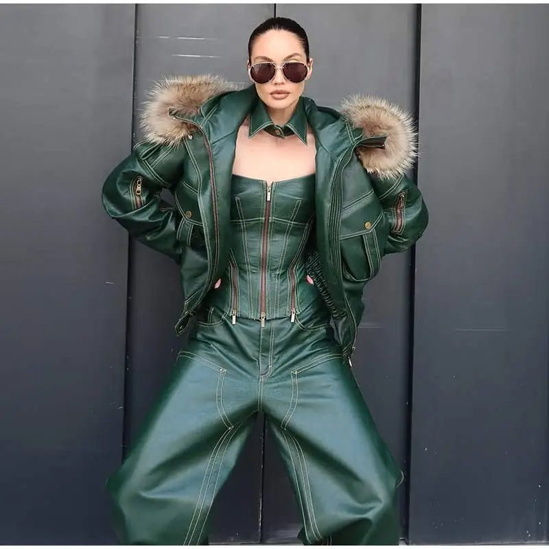Leather Jacket Fur Collar Hooded – Vintage Winter Style - SN Wigs & More