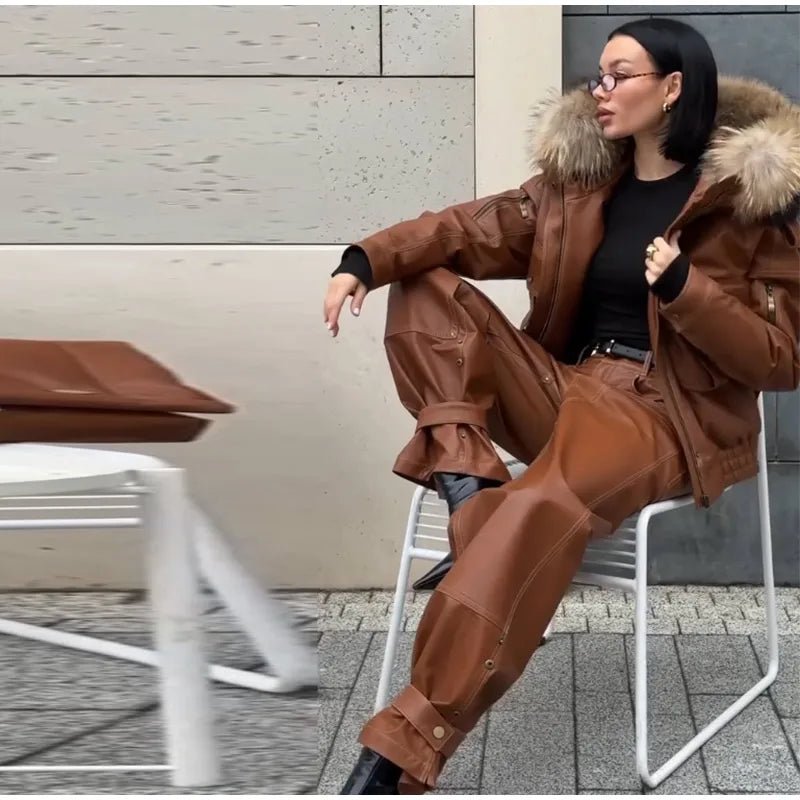 Leather Jacket Fur Collar Hooded – Vintage Winter Style - SN Wigs & More