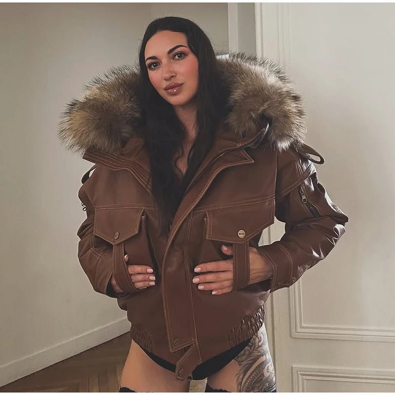 Leather Jacket Fur Collar Hooded – Vintage Winter Style - SN Wigs & More