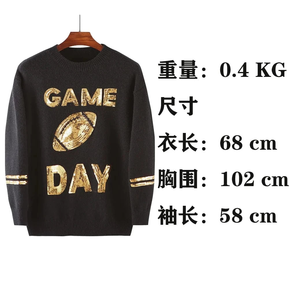 length 68cm, bust 102cm, sleeve 58cm / 1 2024 Game day sequin baseball sweatshirt sequin print sweater for women