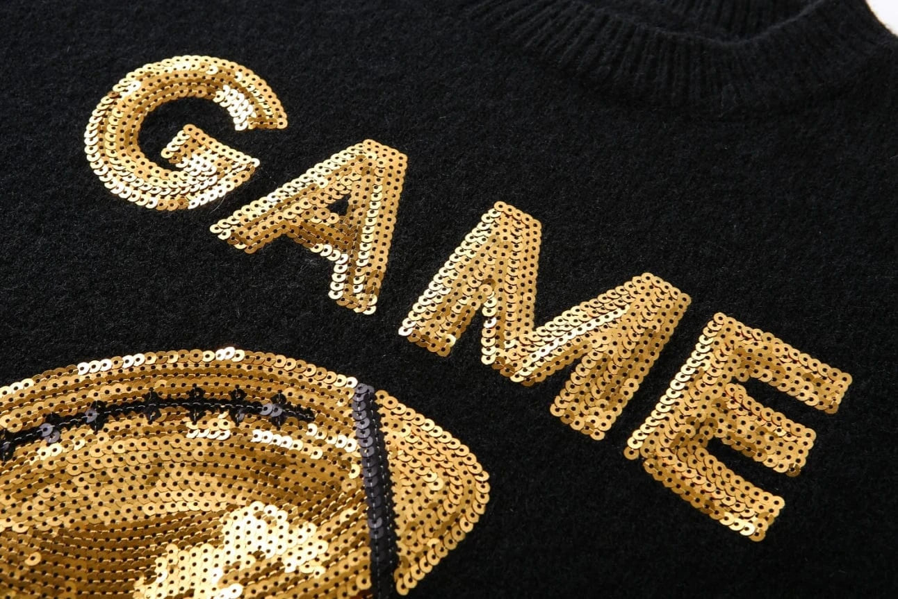 length 68cm, bust 102cm, sleeve 58cm / 1 2024 Game day sequin baseball sweatshirt sequin print sweater for women