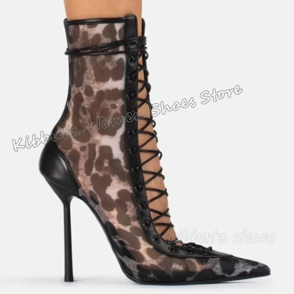 leopard / 44 Lace-Up Sandal Ankle Boots Mesh Leather Solid Color Fashion Elegant Luxury Concise Sexy Party Dress Women Shoes New Pointy Heels
