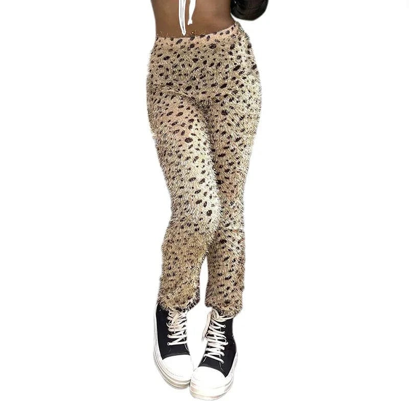 Leopard Fall Hairy Pencil Women Trousers Skinny Wild Casual Stretch Jogger Sweatpants Streetwear Vintage Bottoms Pants Women