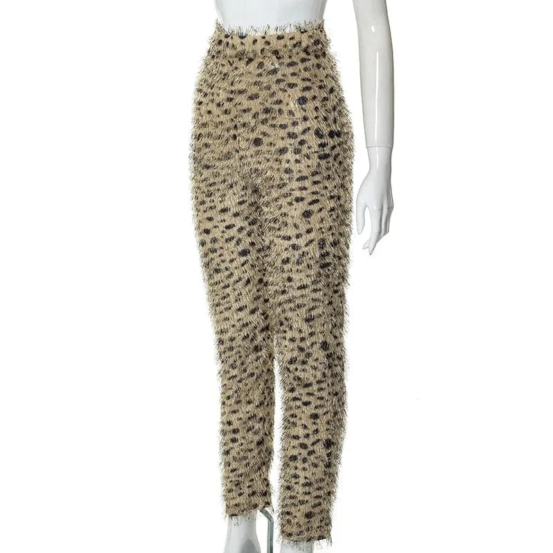 Leopard Fall Hairy Pencil Women Trousers Skinny Wild Casual Stretch Jogger Sweatpants Streetwear Vintage Bottoms Pants Women