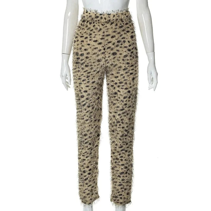 Leopard Fall Hairy Pencil Women Trousers Skinny Wild Casual Stretch Jogger Sweatpants Streetwear Vintage Bottoms Pants Women