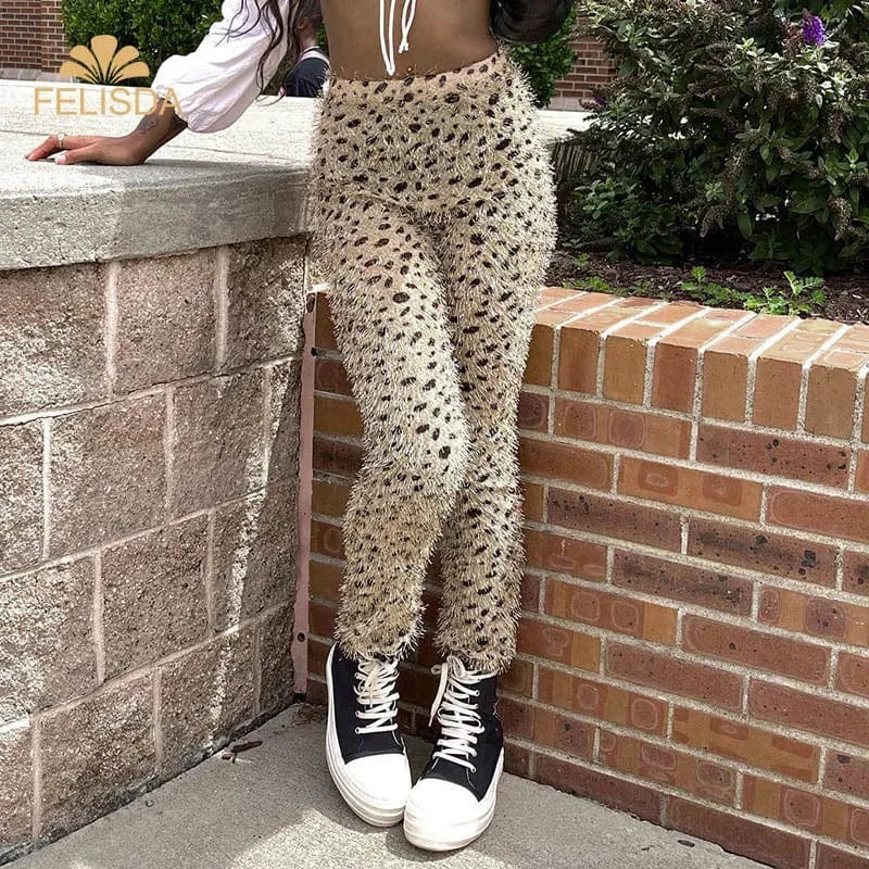 Leopard Fall Hairy Pencil Women Trousers Skinny Wild Casual Stretch Jogger Sweatpants Streetwear Vintage Bottoms Pants Women
