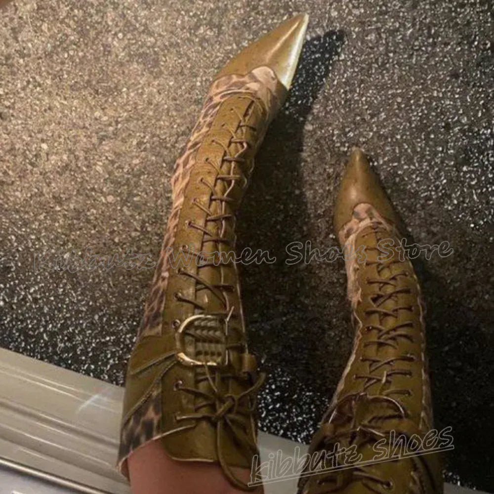 Leopard Knee High Boots Belt Buckle Lace - Up Pointy Thin Heels Luxury Elegant Concise Sexy Fashion Novelty Mixed Color Shoes New - SN Wigs & More