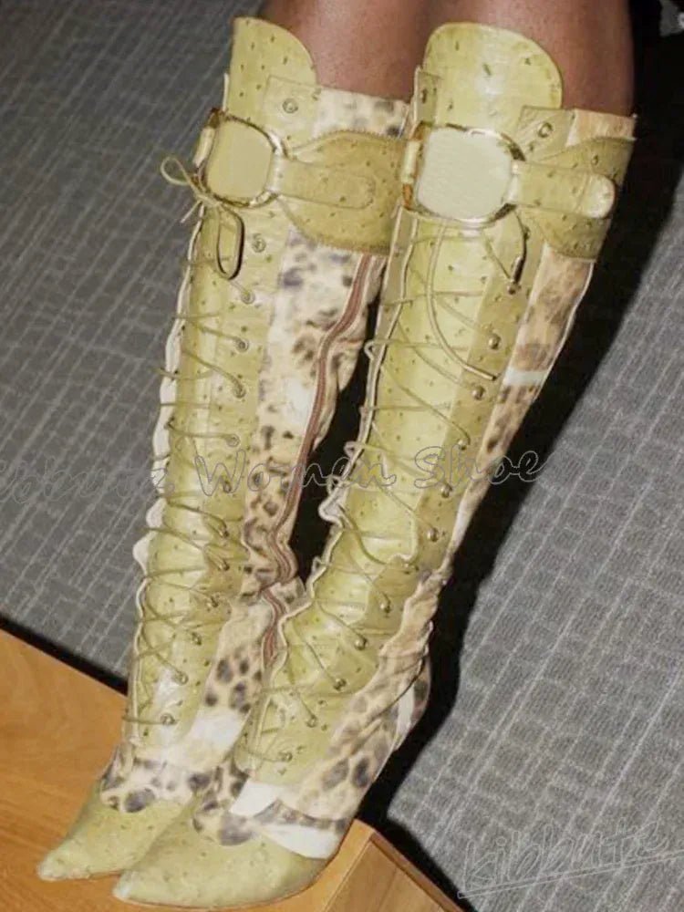 Leopard Knee High Boots Belt Buckle Lace - Up Pointy Thin Heels Luxury Elegant Concise Sexy Fashion Novelty Mixed Color Shoes New - SN Wigs & More
