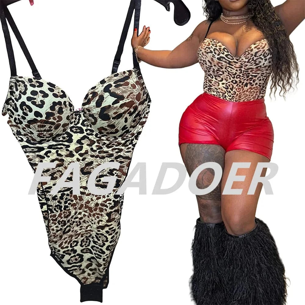 leopard / L FAGADOER Sexy Solid V Neck Spaghetti Strap Bodysuits Women Sleeveless Backless High Stretchy Bodycon Rompers Female Clubwear new