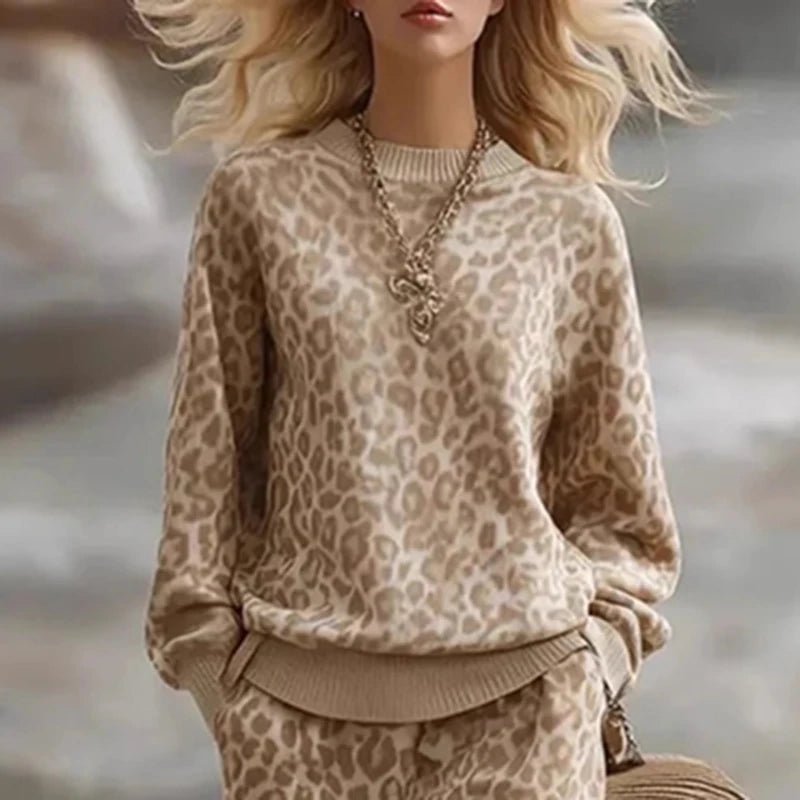 Leopard Print Two Piece Set O Neck Sweatshirt And Wide Leg Trousers Elegant Vintage Style - SN Wigs & More