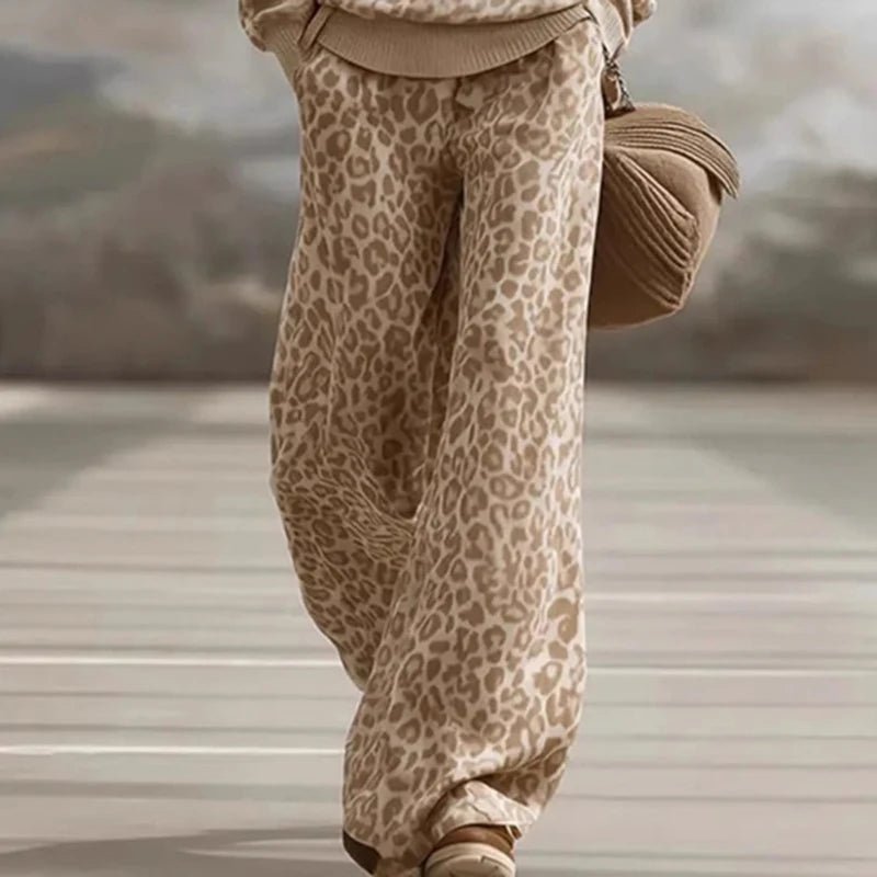 Leopard Print Two Piece Set O Neck Sweatshirt And Wide Leg Trousers Elegant Vintage Style - SN Wigs & More