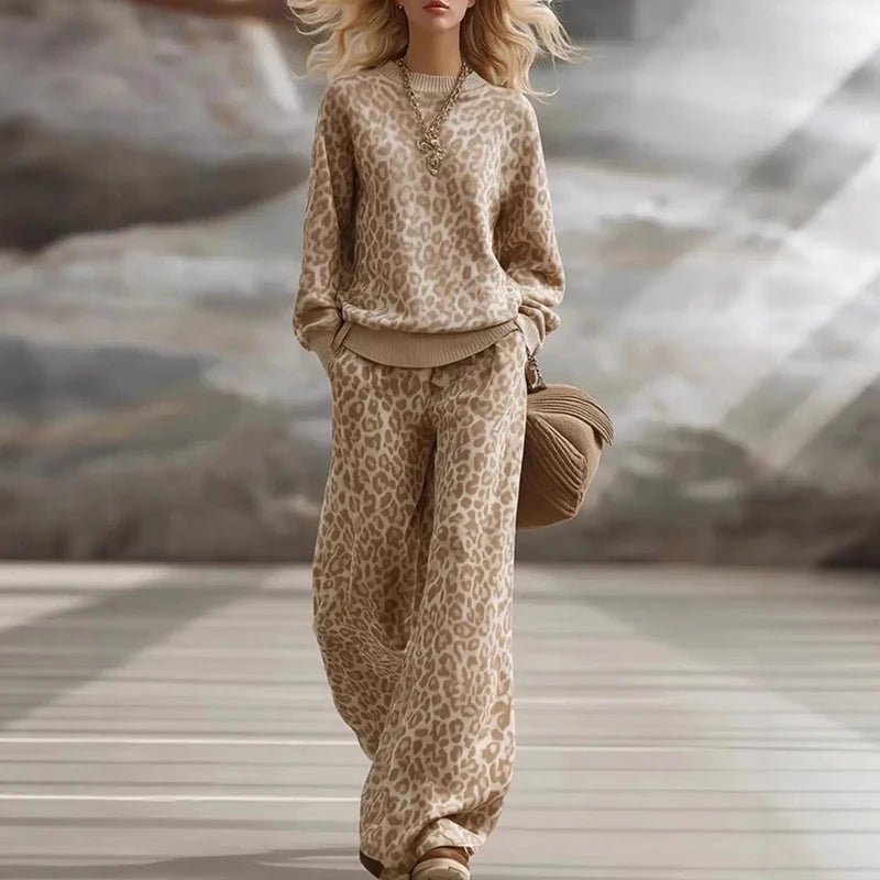 Leopard Print Two Piece Set O Neck Sweatshirt And Wide Leg Trousers Elegant Vintage Style - SN Wigs & More