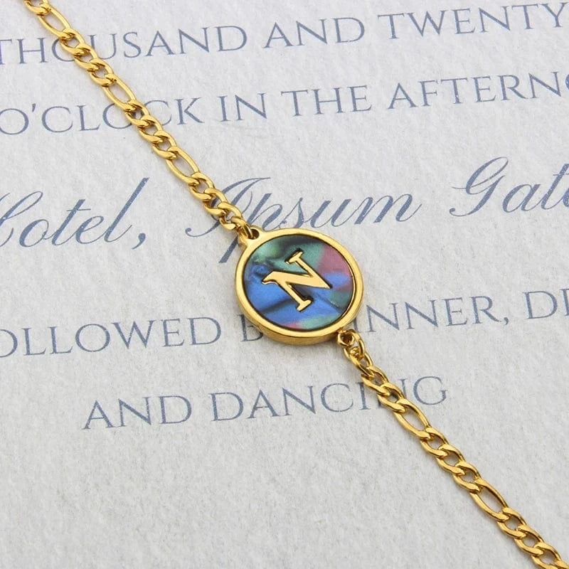 Letter / 18cm / N Fashion Jewelry Bracelets & Bangles Stainless Steel Bangles Initial Letter Bracelets Abalone Shell Initial Pendant 26 Alphabet