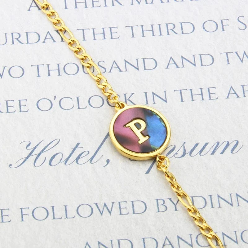 Letter / 18cm / P Fashion Jewelry Bracelets & Bangles Stainless Steel Bangles Initial Letter Bracelets Abalone Shell Initial Pendant 26 Alphabet