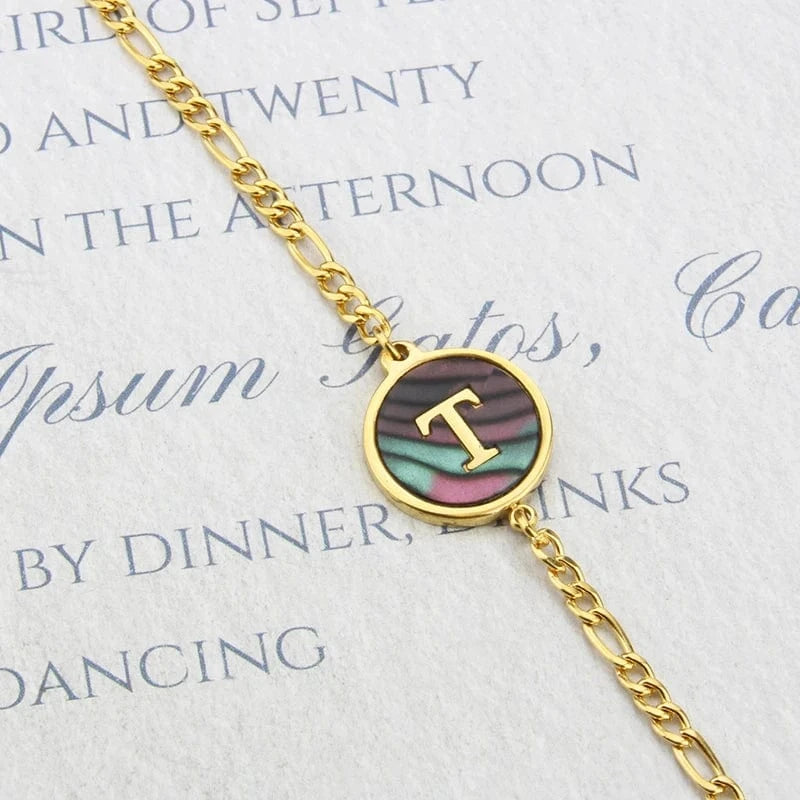 Letter / 18cm / T Fashion Jewelry Bracelets & Bangles Stainless Steel Bangles Initial Letter Bracelets Abalone Shell Initial Pendant 26 Alphabet