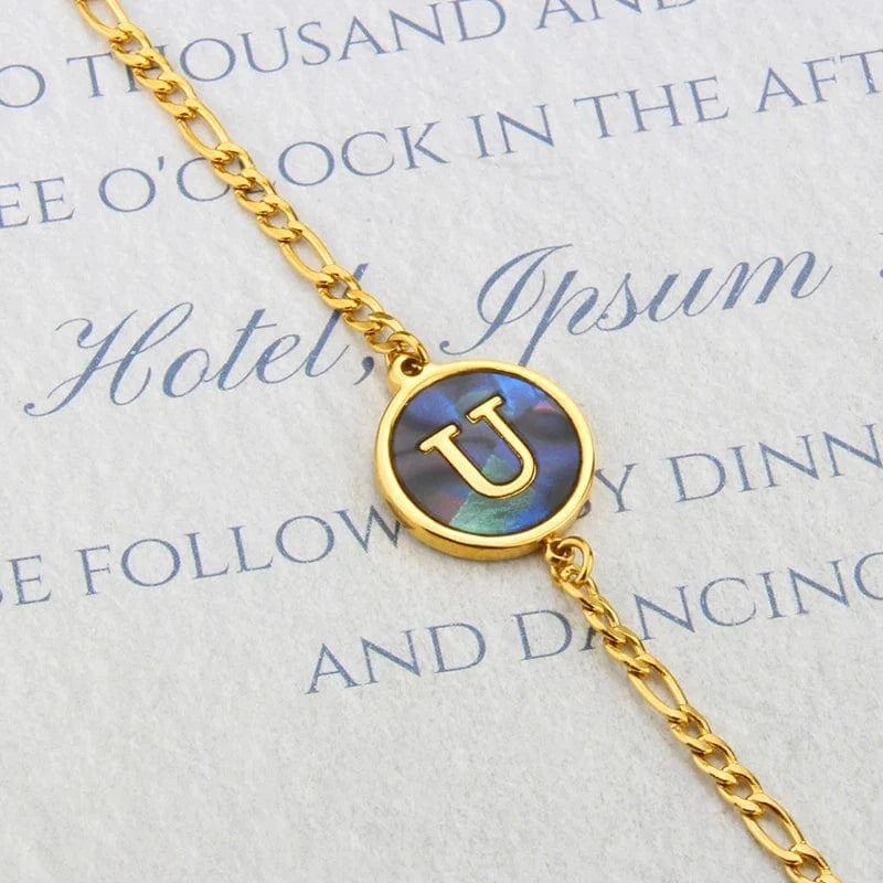 Letter / 18cm / U Fashion Jewelry Bracelets & Bangles Stainless Steel Bangles Initial Letter Bracelets Abalone Shell Initial Pendant 26 Alphabet