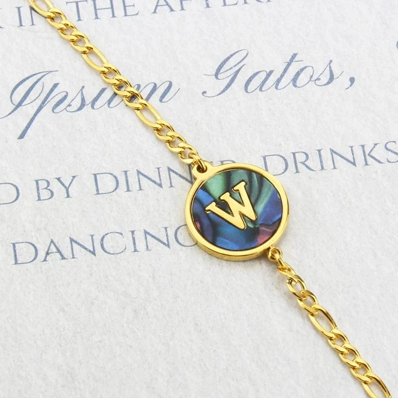 Letter / 18cm / W Fashion Jewelry Bracelets & Bangles Stainless Steel Bangles Initial Letter Bracelets Abalone Shell Initial Pendant 26 Alphabet