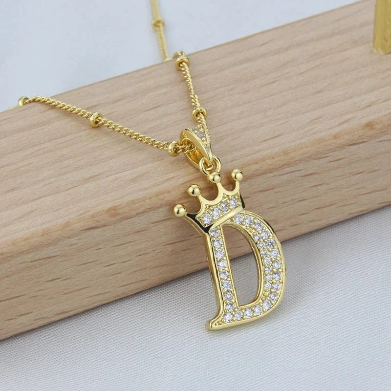 Letter / D New Design Crown Letters Fashion Jewelry Brass Color Preservation Gold Plated With Zircon A-Z Pendant Chain Necklace For Women