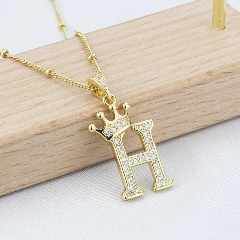 Letter / H New Design Crown Letters Fashion Jewelry Brass Color Preservation Gold Plated With Zircon A-Z Pendant Chain Necklace For Women