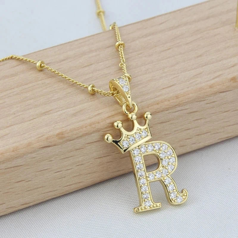 Letter / R New Design Crown Letters Fashion Jewelry Brass Color Preservation Gold Plated With Zircon A-Z Pendant Chain Necklace For Women