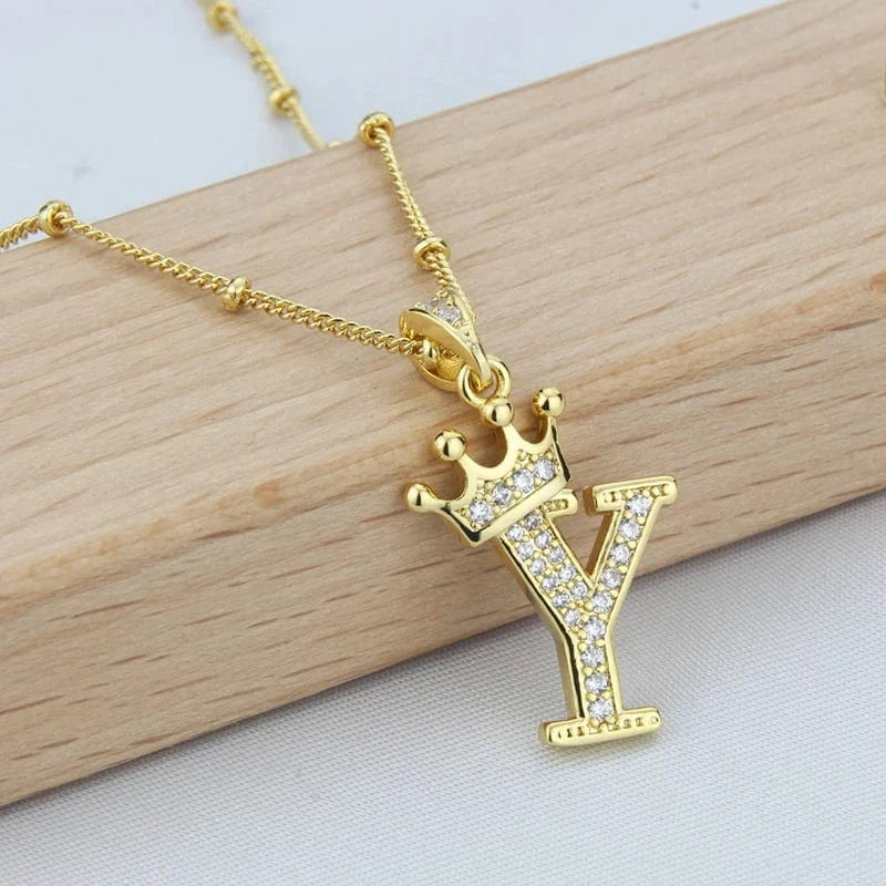 Letter / Y New Design Crown Letters Fashion Jewelry Brass Color Preservation Gold Plated With Zircon A-Z Pendant Chain Necklace For Women