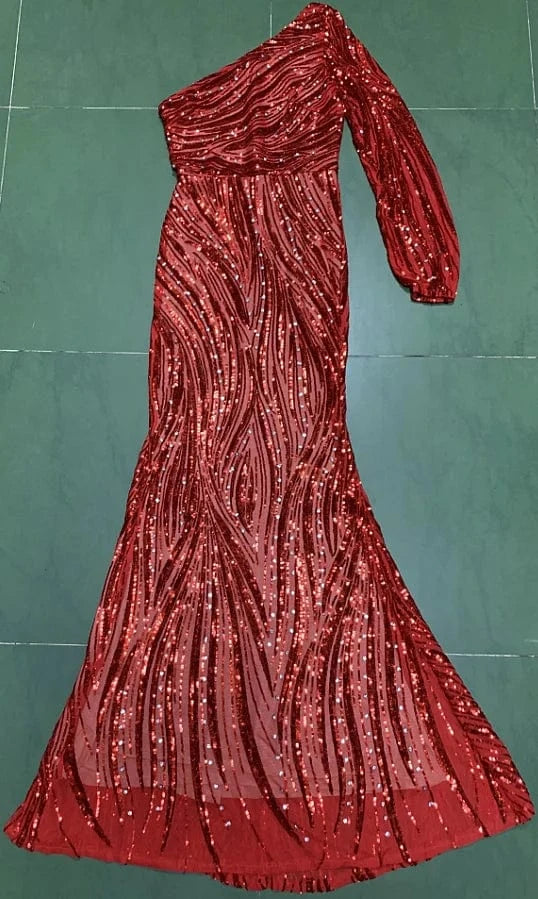 LF341 Kimshein Fashion High Quality Elegant Women Girls One Shoulder Red Dress Party