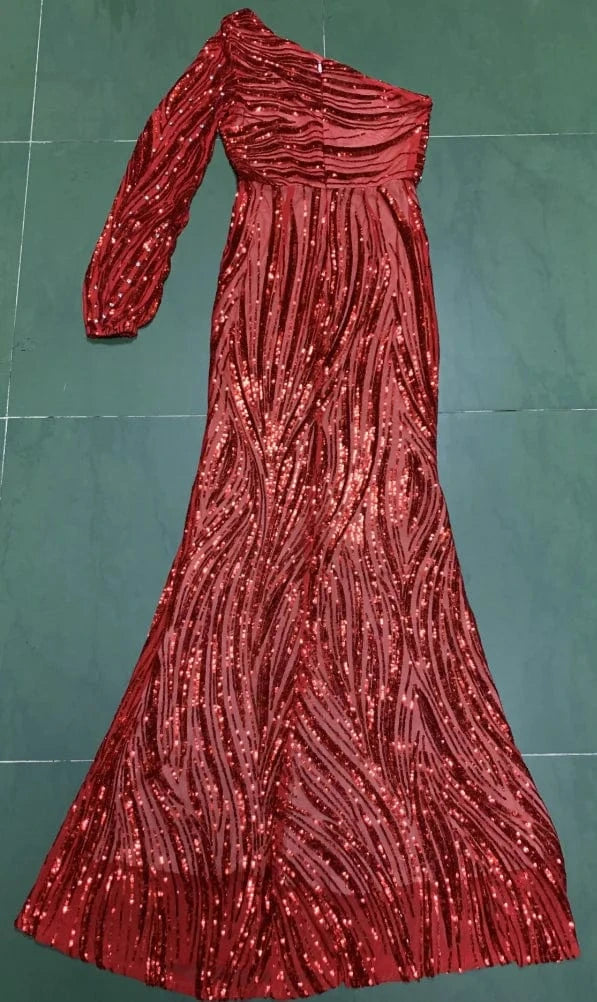 LF341 Kimshein Fashion High Quality Elegant Women Girls One Shoulder Red Dress Party