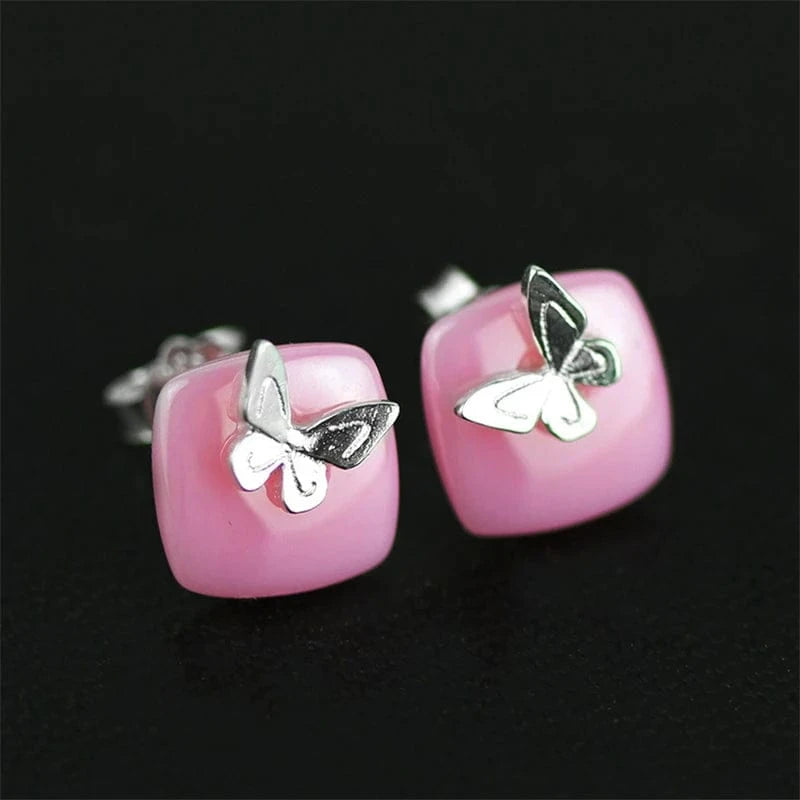 LFJA0047B-Pink lotus fun Custom 925 Butterfly Stud Earring ceramic jewelry fine jewelry for women