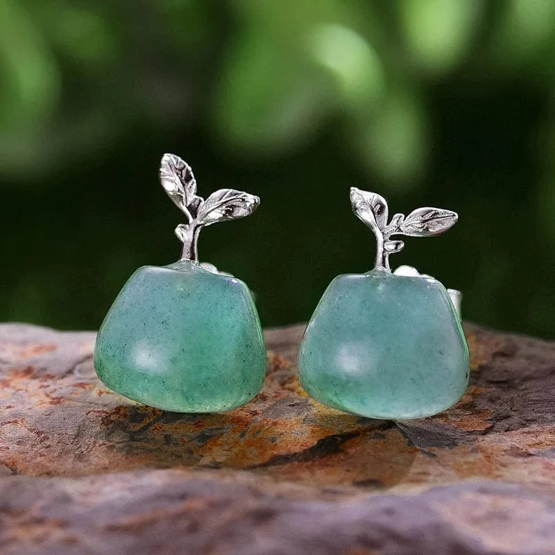 LFJA0071B-Silver lotus fun Creative design Natural Aventurine stone Spring Fresh Bud Stud Earrings jewellery jewelry fine jewelry for women